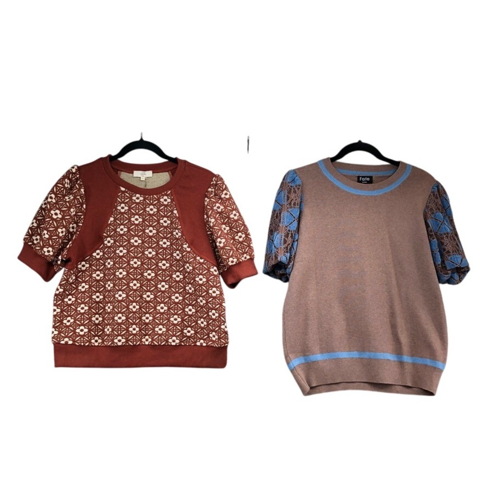 Entro Fate Tops Womens Medium M Bundle Brown Blue Floral Lace Puff Sleeve Mixed